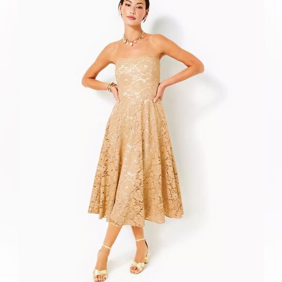 Lilly Pulitzer Aubrianna Strapless Gold Lace Midi Dress Size 8 NEW Event Wedding - Picture 1 of 11